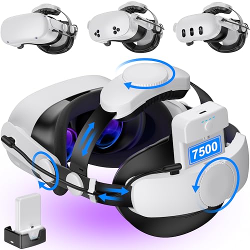 Kawaye for Meta Quest 3S/Quest 2/Quest 3 Head Strap with 7500mAh Hot-Swap Battery, Double Knobs Adjustable VR Headset Strap Enhanced Support&Comfort&Reduce Pressure