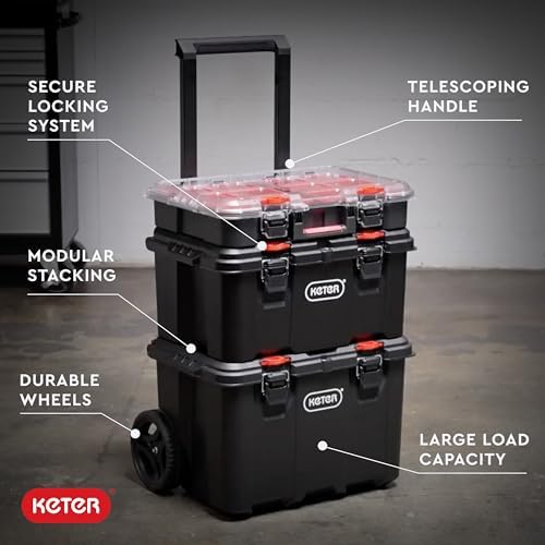 Keter Stack N  Roll 3 Piece Rolling Tool Box System   Stackable Modular Tool Organizer with Wheels  Clear Lid Small Parts Storage & Locking Latches for Garage  Workshop & DIY
