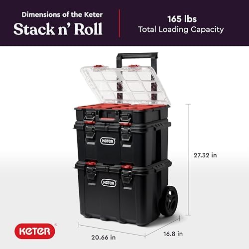 Keter Stack N  Roll 3 Piece Rolling Tool Box System   Stackable Modular Tool Organizer with Wheels  Clear Lid Small Parts Storage & Locking Latches for Garage  Workshop & DIY