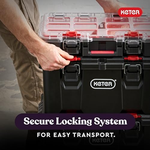 Keter Stack N  Roll 3 Piece Rolling Tool Box System   Stackable Modular Tool Organizer with Wheels  Clear Lid Small Parts Storage & Locking Latches for Garage  Workshop & DIY