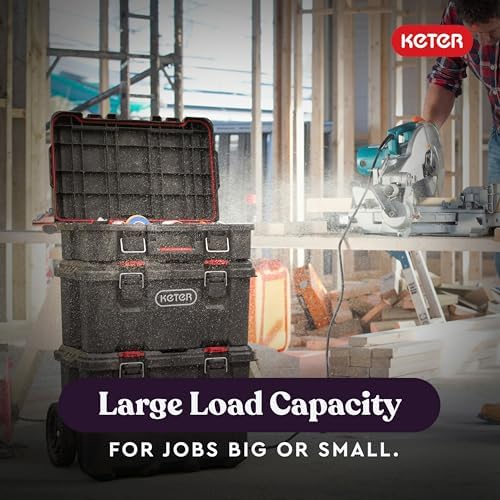 Keter Stack N  Roll 3 Piece Rolling Tool Box System   Stackable Modular Tool Organizer with Wheels  Clear Lid Small Parts Storage & Locking Latches for Garage  Workshop & DIY