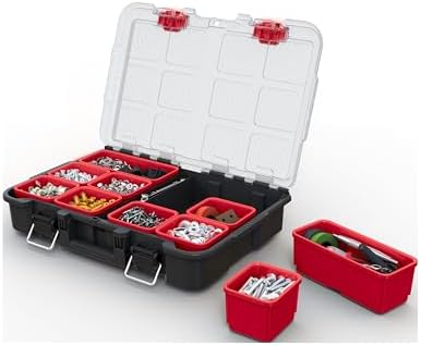 Keter Stack N  Roll 3 Piece Rolling Tool Box System   Stackable Modular Tool Organizer with Wheels  Clear Lid Small Parts Storage & Locking Latches for Garage  Workshop & DIY