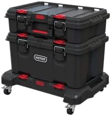Keter Stack N  Roll 3 Piece Rolling Tool Box System   Stackable Modular Tool Organizer with Wheels  Clear Lid Small Parts Storage & Locking Latches for Garage  Workshop & DIY