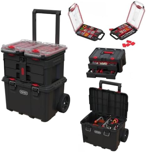 Keter Stack N  Roll 3 Piece Rolling Tool Box System   Stackable Modular Tool Organizer with Wheels  Clear Lid Small Parts Storage & Locking Latches for Garage  Workshop & DIY