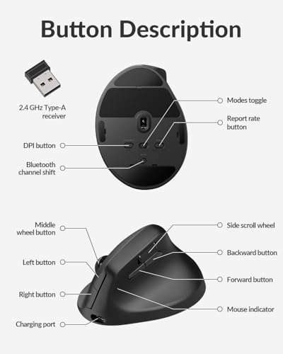 Keychron M5 8K Vertical Ergonomic Mouse Wireless  2 4 GHz/Bluetooth 5 3/Wired Computer Mice Rechargeable  5 Levels Up to 30K DPI with Programmable Buttons for Laptop macOS/Windows   Black