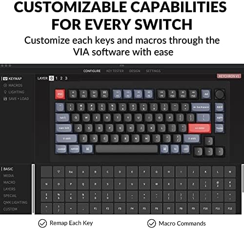Keychron V1 75  Wired Mechanical Keyboard  QMK/VIA Programmable  Hot swappable Red Switches  Compatible with Mac Windows Linux   Carbon Black