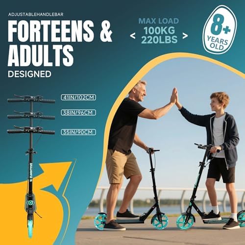 Kick Scooter for Kids Ages 8  Teens & Adults  with Front handbrake and Rear Brake  and Adjustable Handlebars  Big Sturdy PU Flash Wheels Great Gift & Toy