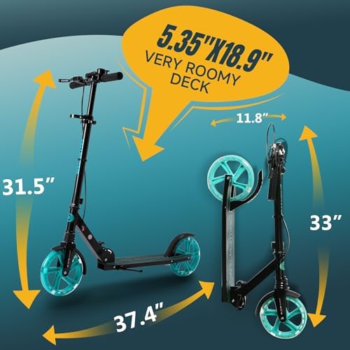 Kick Scooter for Kids Ages 8  Teens & Adults  with Front handbrake and Rear Brake  and Adjustable Handlebars  Big Sturdy PU Flash Wheels Great Gift & Toy