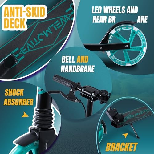 Kick Scooter for Kids Ages 8  Teens & Adults  with Front handbrake and Rear Brake  and Adjustable Handlebars  Big Sturdy PU Flash Wheels Great Gift & Toy