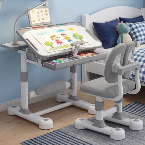 Kids Desk and Chair Set  Height Adjustable Study Table with Tilt Desktop  LED Light  Book Stand & Storage Drawer  Art Desk for Boys and Girls  Grey