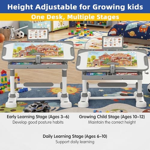 Kids Desk and Chair Set  Height Adjustable Study Table with Tilt Desktop  LED Light  Book Stand & Storage Drawer  Art Desk for Boys and Girls  Grey