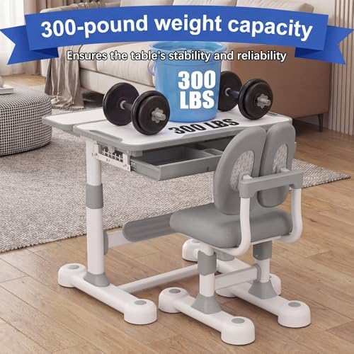 Kids Desk and Chair Set  Height Adjustable Study Table with Tilt Desktop  LED Light  Book Stand & Storage Drawer  Art Desk for Boys and Girls  Grey