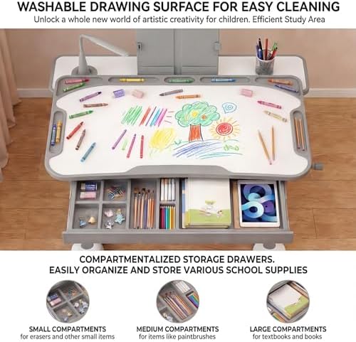 Kids Desk and Chair Set  Height Adjustable Study Table with Tilt Desktop  LED Light  Book Stand & Storage Drawer  Art Desk for Boys and Girls  Grey