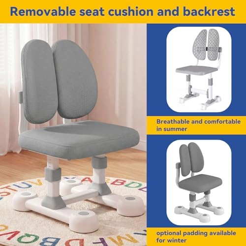 Kids Desk and Chair Set  Height Adjustable Study Table with Tilt Desktop  LED Light  Book Stand & Storage Drawer  Art Desk for Boys and Girls  Grey
