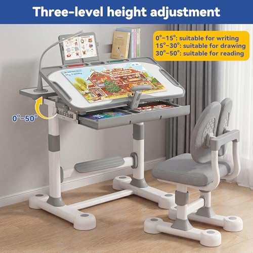 Kids Desk and Chair Set  Height Adjustable Study Table with Tilt Desktop  LED Light  Book Stand & Storage Drawer  Art Desk for Boys and Girls  Grey