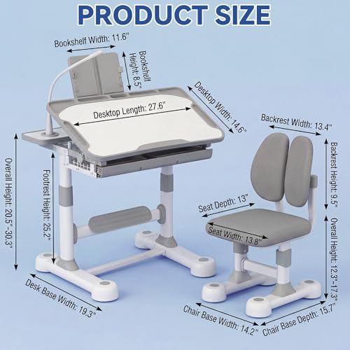 Kids Desk and Chair Set  Height Adjustable Study Table with Tilt Desktop  LED Light  Book Stand & Storage Drawer  Art Desk for Boys and Girls  Grey