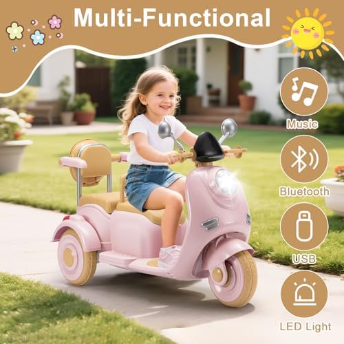 Kids Electric Motorcycle  Electric Scooter for 3 8  3 Wheel 12V Electric Ride On Scooter with Light Ride  Music  USB with Storage Compartments & Soft Start  Motorcycle for Girls  Pink
