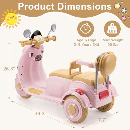 Kids Electric Motorcycle  Electric Scooter for 3 8  3 Wheel 12V Electric Ride On Scooter with Light Ride  Music  USB with Storage Compartments & Soft Start  Motorcycle for Girls  Pink