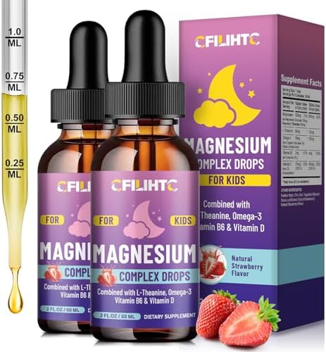 Kids Magnesium Liquid Drops Magnesium Glycinate Liquid for Kids Supplement w/L theanine  Omega 3  Vitamin B6  D3   for Sleep  Relaxation  Brain  Bones   4 Fl Oz Childrens Calm