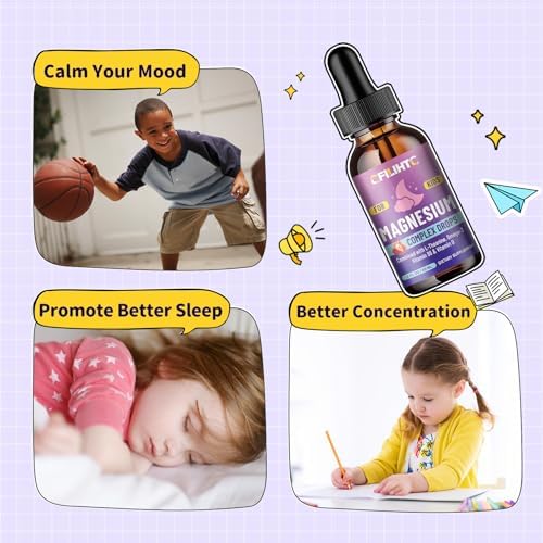 Kids Magnesium Liquid Drops Magnesium Glycinate Liquid for Kids Supplement w/L theanine  Omega 3  Vitamin B6  D3   for Sleep  Relaxation  Brain  Bones   4 Fl Oz Childrens Calm