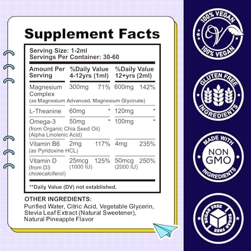 Kids Magnesium Liquid Drops Magnesium Glycinate Liquid for Kids Supplement w/L theanine  Omega 3  Vitamin B6  D3   for Sleep  Relaxation  Brain  Bones   4 Fl Oz Childrens Calm