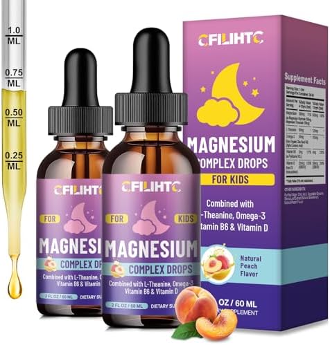 Kids Magnesium Liquid Drops Magnesium Glycinate Liquid for Kids Supplement w/L theanine  Omega 3  Vitamin B6  D3   for Sleep  Relaxation  Brain  Bones   4 Fl Oz Childrens Calm