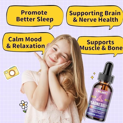 Kids Magnesium Liquid Drops Magnesium Glycinate Liquid for Kids Supplement w/L theanine  Omega 3  Vitamin B6  D3   for Sleep  Relaxation  Brain  Bones   4 Fl Oz Childrens Calm