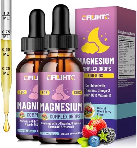 Kids Magnesium Liquid Drops Magnesium Glycinate Liquid for Kids Supplement w/L theanine  Omega 3  Vitamin B6  D3   for Sleep  Relaxation  Brain  Bones   4 Fl Oz Childrens Calm