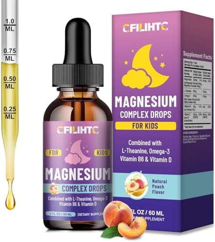 Kids Magnesium Liquid Drops Magnesium Glycinate Liquid for Kids Supplement w/L theanine  Omega 3  Vitamin B6  D3   for Sleep  Relaxation  Brain  Bones   4 Fl Oz Childrens Calm