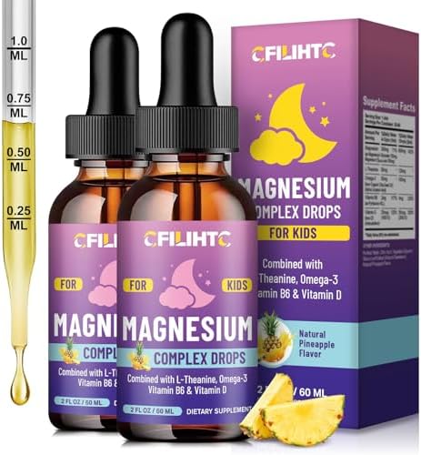Kids Magnesium Liquid Drops Magnesium Glycinate Liquid for Kids Supplement w/L theanine  Omega 3  Vitamin B6  D3   for Sleep  Relaxation  Brain  Bones   4 Fl Oz Childrens Calm