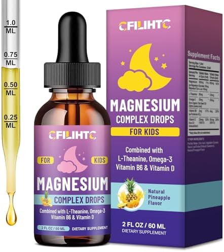 Kids Magnesium Liquid Drops Magnesium Glycinate Liquid for Kids Supplement w/L theanine  Omega 3  Vitamin B6  D3   for Sleep  Relaxation  Brain  Bones   4 Fl Oz Childrens Calm