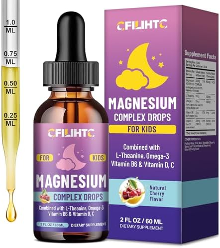 Kids Magnesium Liquid Drops Magnesium Glycinate Liquid for Kids Supplement w/L theanine  Omega 3  Vitamin B6  D3   for Sleep  Relaxation  Brain  Bones   4 Fl Oz Childrens Calm