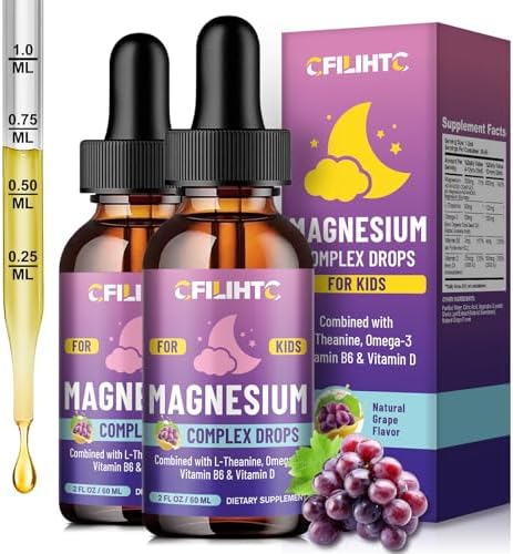 Kids Magnesium Liquid Drops Magnesium Glycinate Liquid for Kids Supplement w/L theanine  Omega 3  Vitamin B6  D3   for Sleep  Relaxation  Brain  Bones   4 Fl Oz Childrens Calm