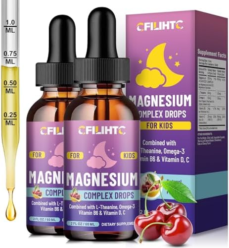 Kids Magnesium Liquid Drops Magnesium Glycinate Liquid for Kids Supplement w/L theanine  Omega 3  Vitamin B6  D3   for Sleep  Relaxation  Brain  Bones   4 Fl Oz Childrens Calm