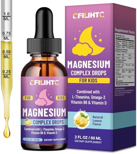 Kids Magnesium Liquid Drops Magnesium Glycinate Liquid for Kids Supplement w/L theanine  Omega 3  Vitamin B6  D3   for Sleep  Relaxation  Brain  Bones   4 Fl Oz Childrens Calm