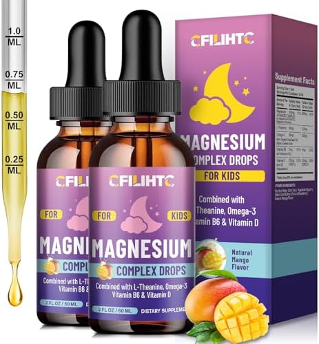 Kids Magnesium Liquid Drops Magnesium Glycinate Liquid for Kids Supplement w/L theanine  Omega 3  Vitamin B6  D3   for Sleep  Relaxation  Brain  Bones   4 Fl Oz Childrens Calm