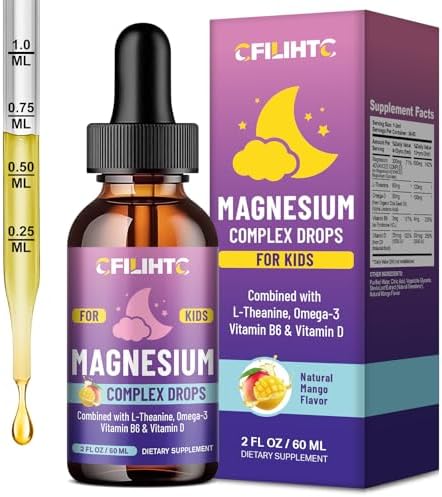 Kids Magnesium Liquid Drops Magnesium Glycinate Liquid for Kids Supplement w/L theanine  Omega 3  Vitamin B6  D3   for Sleep  Relaxation  Brain  Bones   4 Fl Oz Childrens Calm