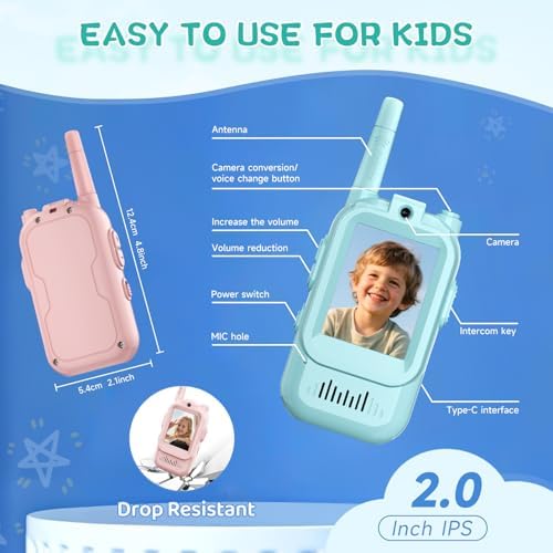 Kids Video Walkie Talkies  2 Pack Long Range Walkie Talkie for Kids  Rechargeable Video Call Toys for Indoor  Camping  Hiking  Travel  Christmas Birthday Gift for Boys Girls Age 3 5  Blue/Pink 