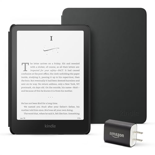 Kindle Paperwhite Essentials Bundle including All new Kindle Paperwhite  16GB    Black  Plant Based Leather Cover   Black  and Power Adapter