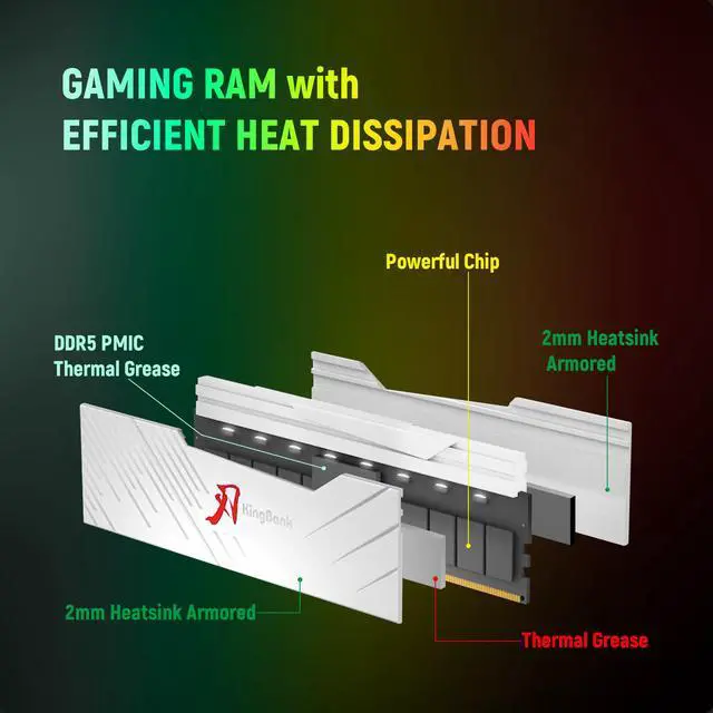 KingBank RGB Computer Desktop Memory Ram DDR5 32GB 2x16GB  6000MT/s  CL30 1 35V Overclocking XMP 3 0 & Expo with Heatsink for PC Gaming/Office/PS