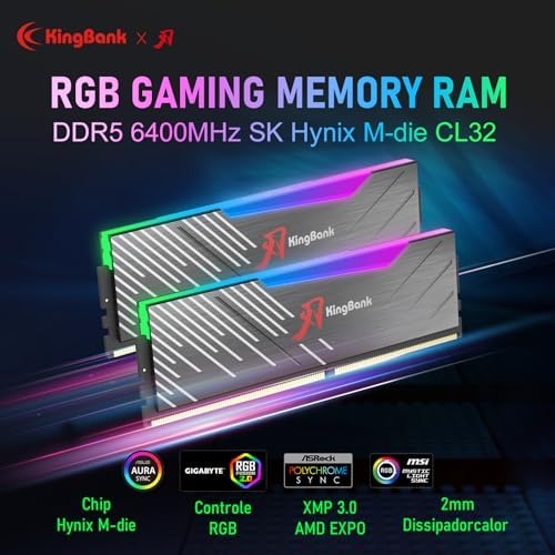 KingBank RGB Computer Desktop Memory Ram Hynix M die DDR5 32GB 2x16GB  6400MT/s CL32 1 4V with Heatsink for Desktop Computer Gaming/Office/PS Black