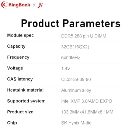 KingBank RGB Computer Desktop Memory Ram Hynix M die DDR5 32GB 2x16GB  6400MT/s CL32 1 4V with Heatsink for Desktop Computer Gaming/Office/PS Black