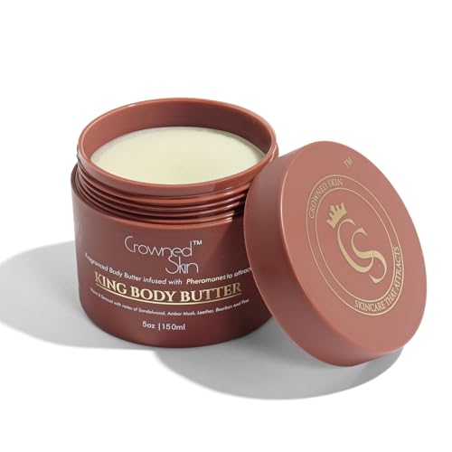 King Cologned Body Butter   Warm and Sensual Scent   Blended with Sandalwood & Leather   Infused with Organic Shea & Mango Butters   Moisturizing Formula with All Day Fragrance   5oz