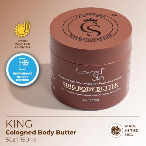 King Cologned Body Butter   Warm and Sensual Scent   Blended with Sandalwood & Leather   Infused with Organic Shea & Mango Butters   Moisturizing Formula with All Day Fragrance   5oz