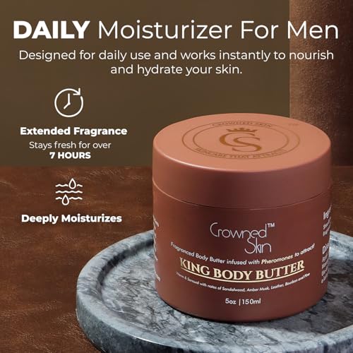 King Cologned Body Butter   Warm and Sensual Scent   Blended with Sandalwood & Leather   Infused with Organic Shea & Mango Butters   Moisturizing Formula with All Day Fragrance   5oz