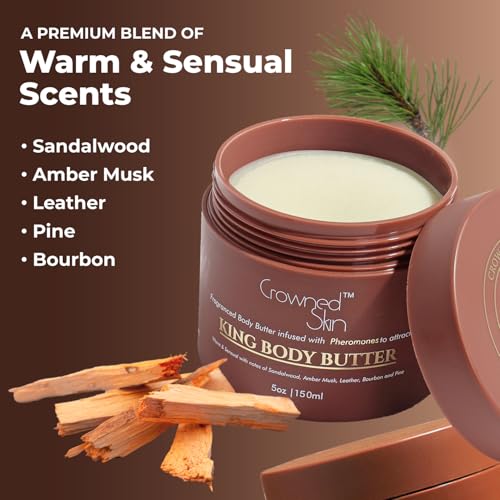 King Cologned Body Butter   Warm and Sensual Scent   Blended with Sandalwood & Leather   Infused with Organic Shea & Mango Butters   Moisturizing Formula with All Day Fragrance   5oz