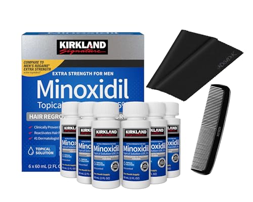 Kirkland Minoxidil 5% para hombres, solución tópica de fuerza extra para el tratamiento del crecimiento del cabello, suministro para 6 meses, total 355 ml, aplicador con gotero, incluye 2 paños de