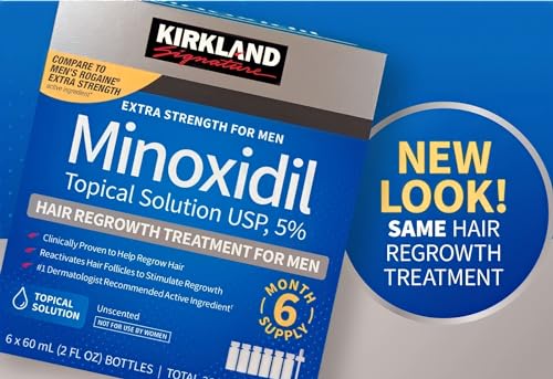 Kirkland Minoxidil 5% para hombres, solución tópica de fuerza extra para el tratamiento del crecimiento del cabello, suministro para 6 meses, total 355 ml, aplicador con gotero, incluye 2 paños de