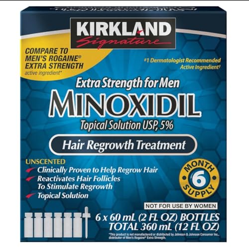 Kirkland Minoxidil 5% para hombres, solución tópica de fuerza extra para el tratamiento del crecimiento del cabello, suministro para 6 meses, total 355 ml, aplicador con gotero, incluye 2 paños de