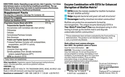 Klaire Labs SFI Health Ther Biotic Interfase Plus Anti Biofilm Enzymes with EDTA to Support Gut Flora Toxin Cleanse & Full Body Detox Promote Biofilm Matrix Disruption 120 Capsules